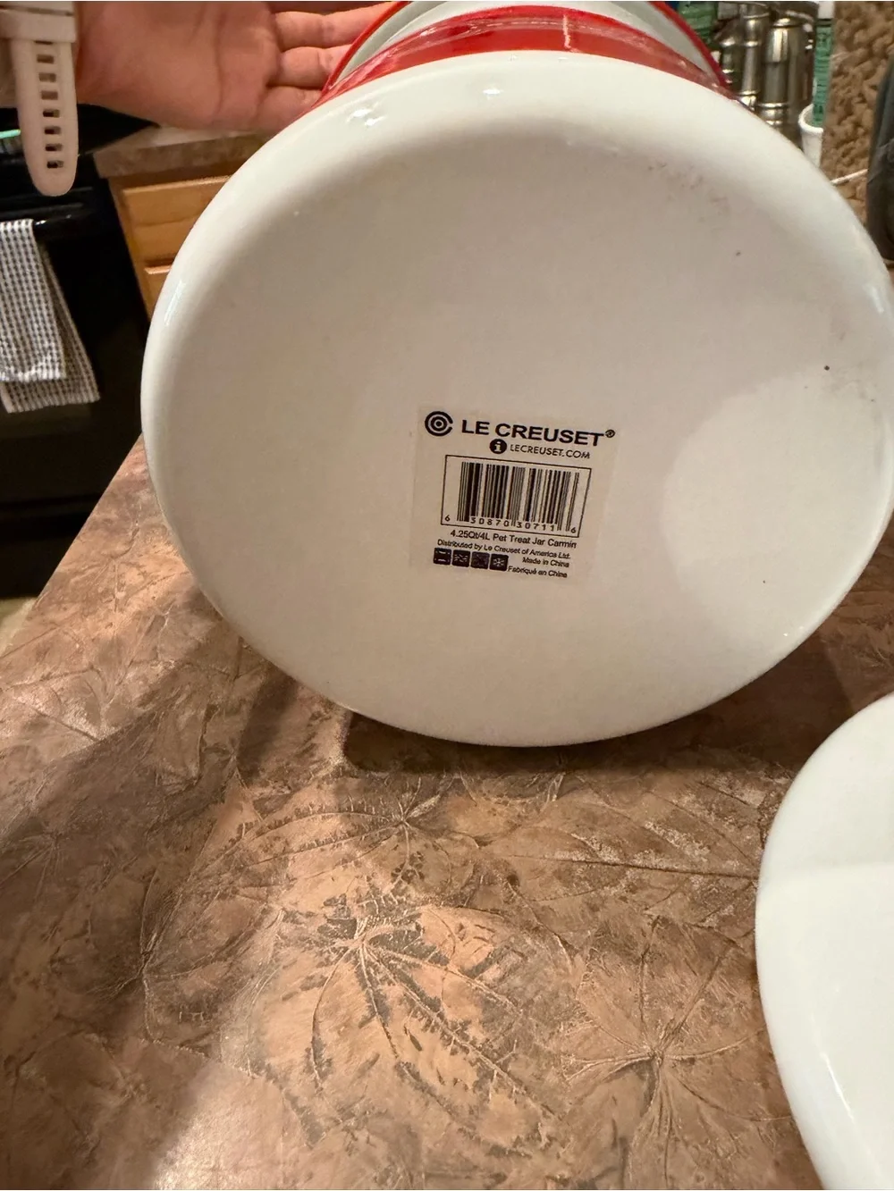 Le Creuset Red and White Enamel Pet Canister